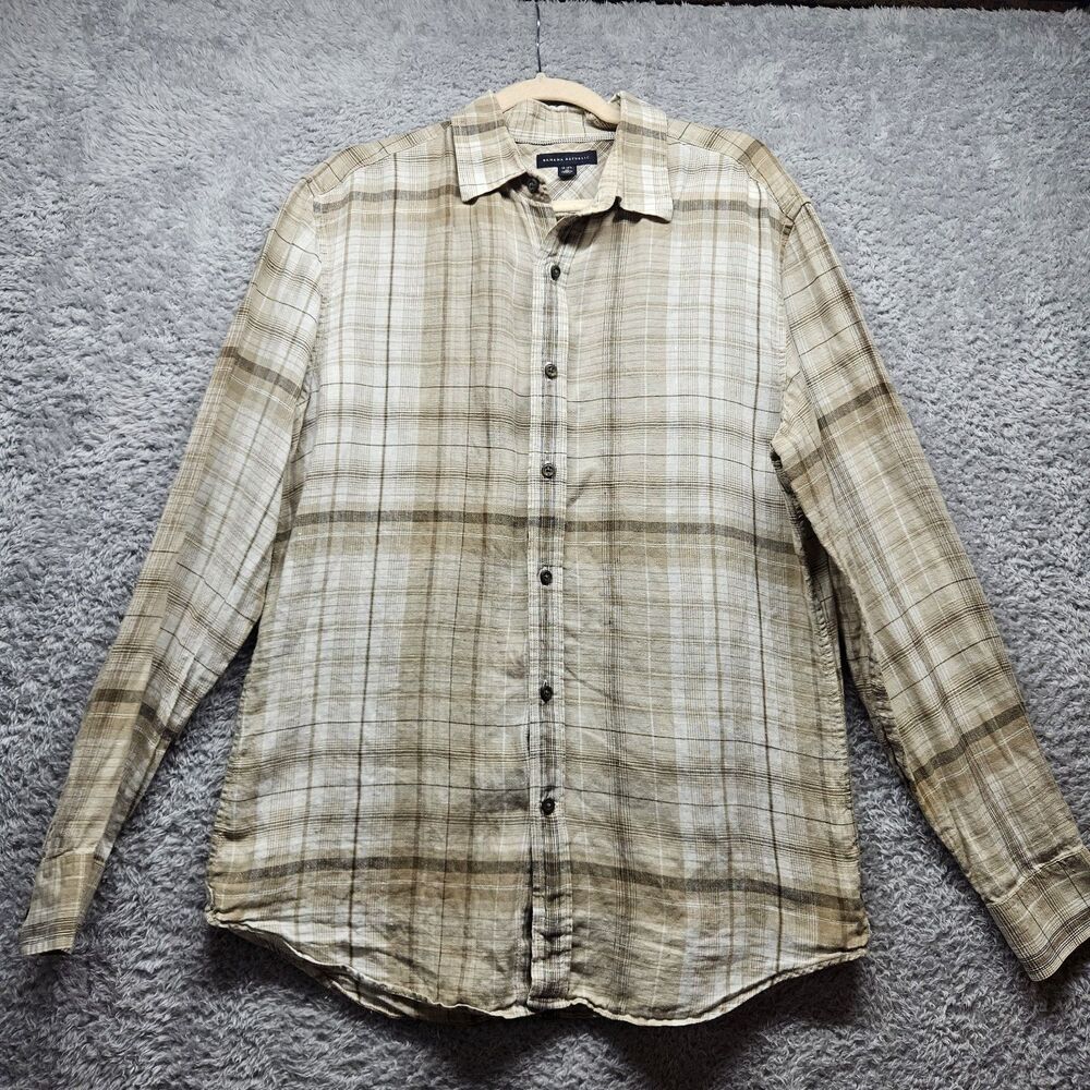 Banana Republic Mens Linen Plaid Shirt Size Medium Beige Button Up Casual